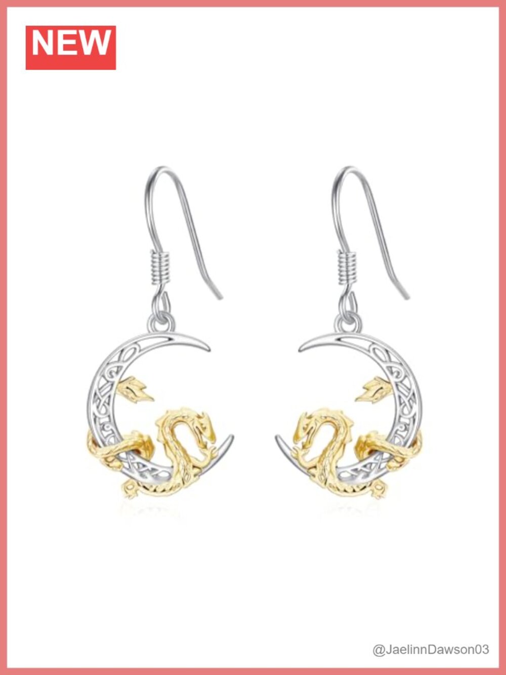 Dragon Hoop Earrings Celtic Knot Dangle Yellow Gold Metal French Wire